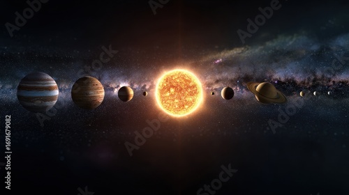 Solar system planets orbiting the sun in deep space