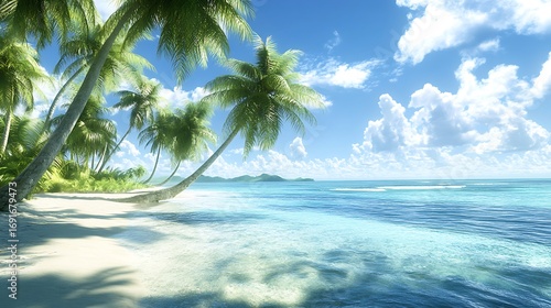 Tropical paradise beach with pristine white sand, swaying palm trees, and crystal-clear turquoise ocean