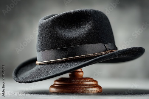 Black felt fedora hat with ribbon detail on wooden stand black hat felt hat