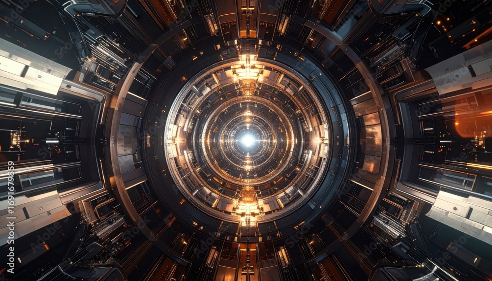 Fototapeta premium A futuristic, detailed tunnel of concentric rings with metallic surfaces and warm golden highlights reveals a bright central point, evoking a sense of awe and mystery.