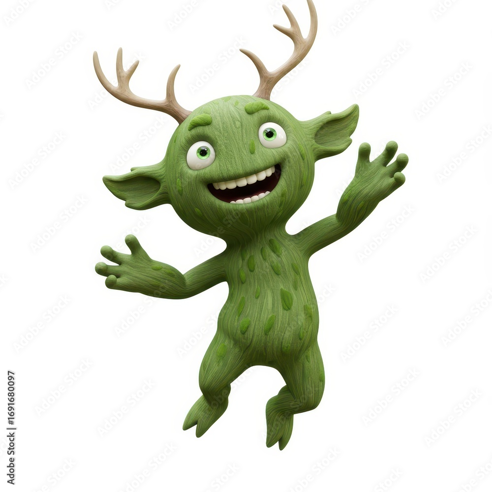 Fototapeta premium A cheerful, cartoonish creature with antlers leaps with joy against a plain white background.