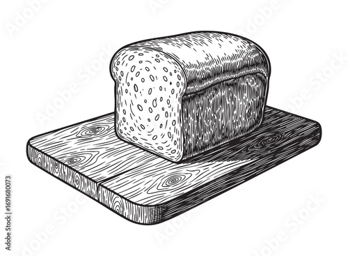 slice bread on wooden board engraving woodcut vector illustration 