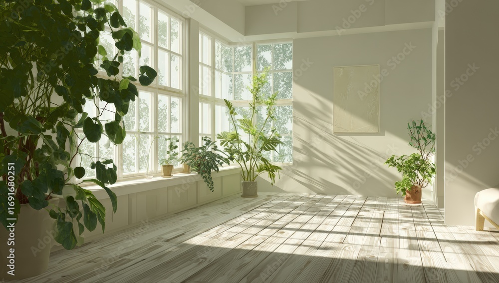 Fototapeta premium Sun-drenched interior with lush greenery