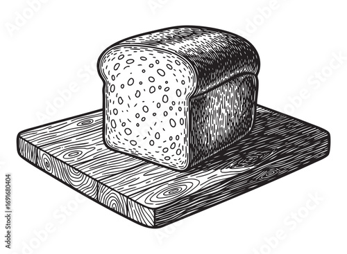 slice bread on wooden board engraving woodcut vector illustration 