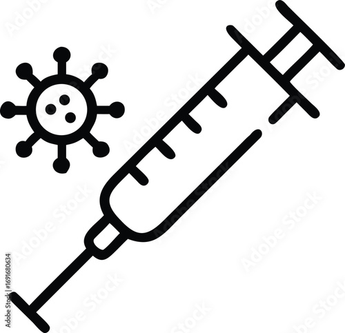 Syringe and virus pathogen in outline style illustration for medical purposes