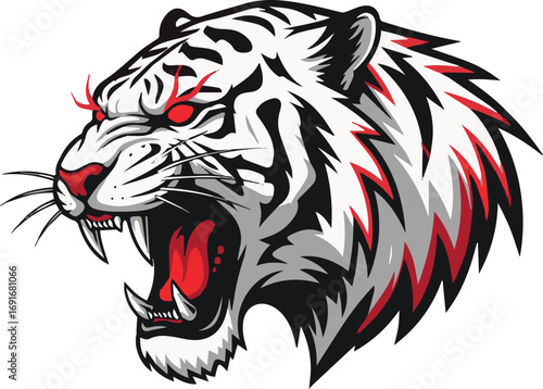 White tiger roaring with red eyes, showing aggressive expression in the logo design