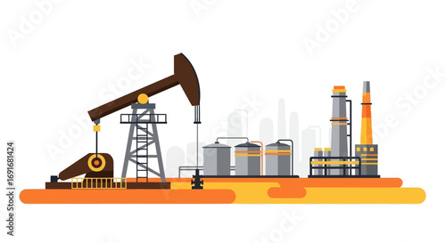 Oil extraction and processing facility with pumpjack and industrial buildings