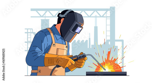 A dedicated industrial welder performing essential metal joining tasks, showcasing the demanding and skilled nature of modern manufacturing and fabrication work