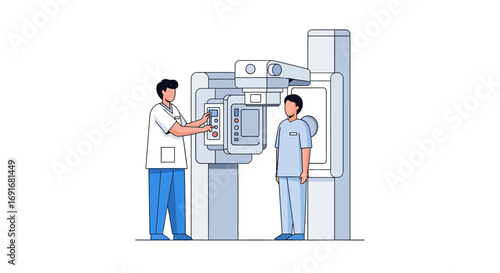 Medical professional conducting a diagnostic imaging procedure on a patient using an advanced scanner machine in a hospital