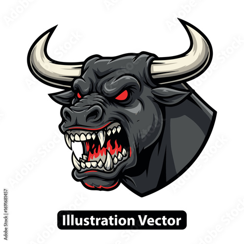 Aggressive Black Bull Vector Illustration with Red Eyes and Sharp Teeth