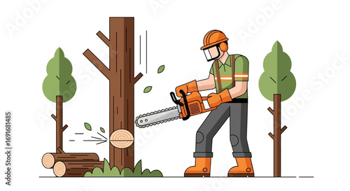 Lumberjack Cutting a Tree with a Chainsaw A Detailed Illustration of Woodworking and Forestry