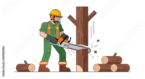 Skilled Lumberjack or Arborist Safely Engaged in Tree Felling and Wood Cutting with a Powerful Chainsaw, Wearing Protective Gear