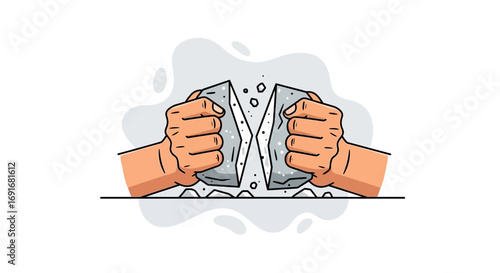 Hands powerfully breaking a stone into two halves, symbolizing strength, effort, and overcoming challenges with determination