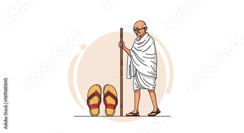 Illustration of Mahatma Gandhi in traditional Indian attire, walking stick, and sandals, representing peace, non-violence, and Indian independence movement