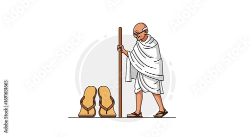 Illustration of Mahatma Gandhi, the father of India, walking with his stick and slippers, symbolizing peace and nonviolence movement for independence