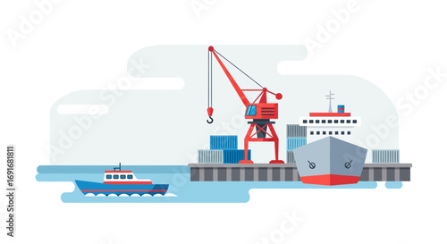 Cargo ship docked at the harbor, cranes loading containers and a small boat nearby