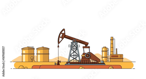 Stylized vector illustration of the oil and gas industry with a pumpjack, refinery, and storage tanks on a white background