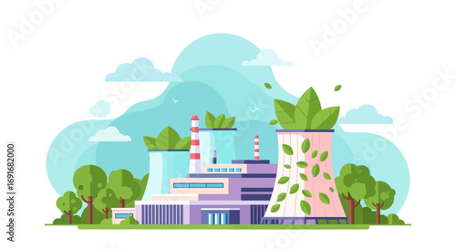 Sustainable green energy power plant with leaves on towers. Clean environmental production and ecology concept vector