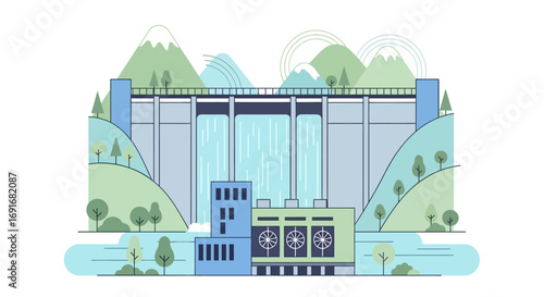 Modern flat line art illustration of a hydroelectric dam generating sustainable green energy from water power