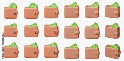 Multiple cartoon wallets filled with cash, arranged in a grid pattern.