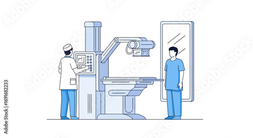 Flat line art illustration of a radiologist conducting a medical imaging procedure on a patient in a hospital