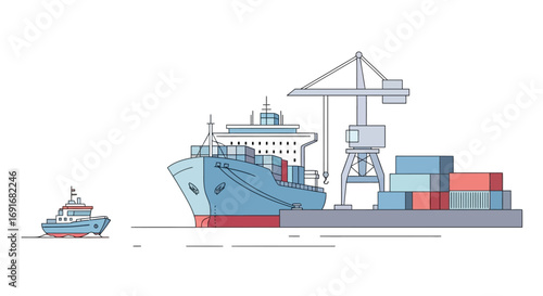 Large cargo ship docked at a port with a tugboat and crane loading containers