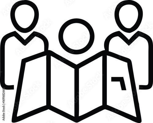 Team planning travel route, looking at map, simple line art icon