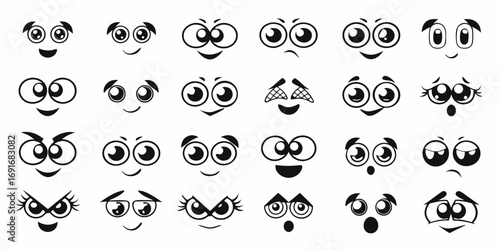 Collection of diverse cartoon eyes and mouths expressing a wide range of emotions and feelings