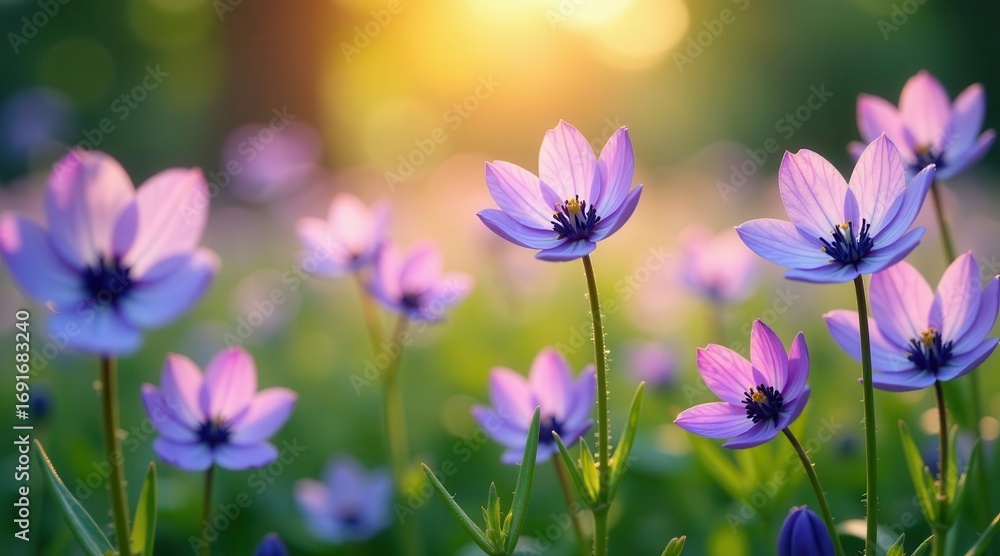 Fototapeta premium Serene Sunset Meadow Delicate Lavender Blossoms Basking in Golden Light