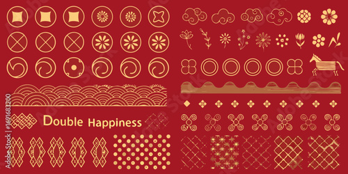 Collection of traditional chinese decorative elements and symbols in gold on red background