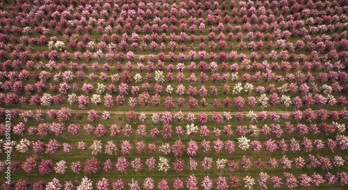 Aerial view of blossom orchard