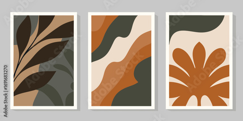 Set of three abstract minimalist wall art prints with organic shapes and botanical elements in earthy tones