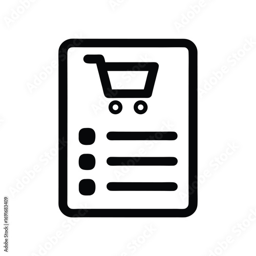 Shopping List Cart Icon on White Background, Bold Outline