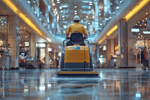 Man operating floor scrubbing machine in a bright modern shopping mall