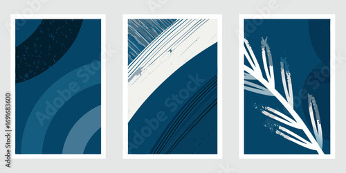 Abstract blue and white organic shapes and textures modern art triptych