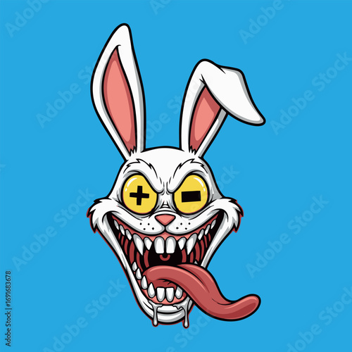 Wild and crazy bunny face vector illustration with energetic symbol eyes and a slobbering tongue