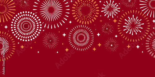 Festive red background with a variety of white and gold fireworks and stars