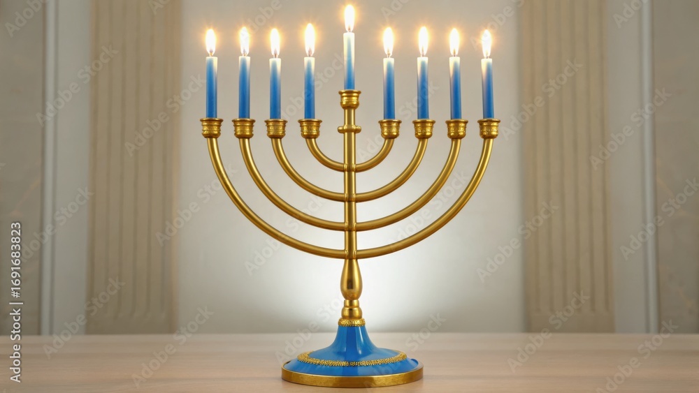 Fototapeta premium A beautifully designed menorah with blue accents and lit candles, symbolizing the Jewish festival of Hanukkah.