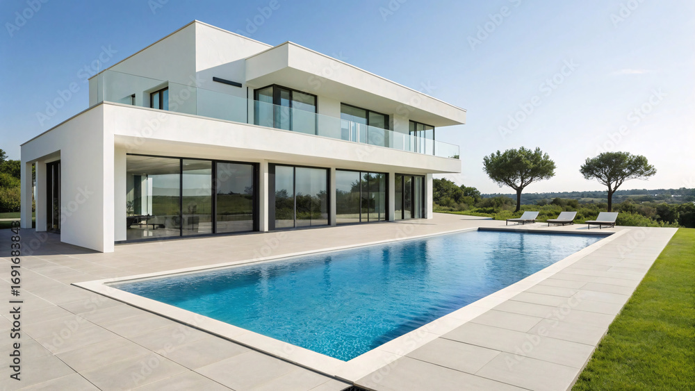 Fototapeta premium Sleek two-story modern villa with expansive glass facades, infinity pool, and pristine white architecture surrounded by Mediterranean countryside vegetation.