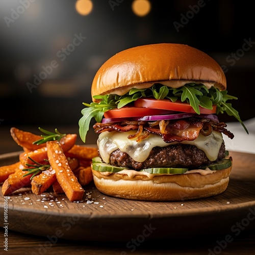 Delicious Gourmet Burger with Sweet Potato Fries.