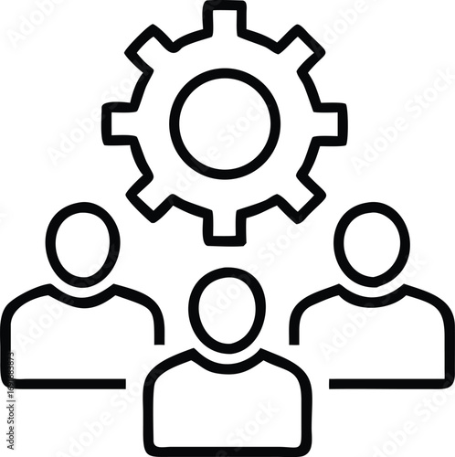 Teamwork outline illustration with gear and people for business process