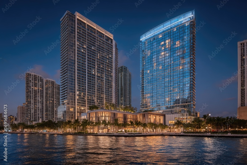 Obraz premium Modern city skyline at twilight, waterfront buildings