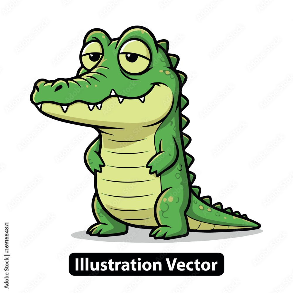 Fototapeta premium Cute cartoon alligator standing with a smug expression on its face, vector illustration