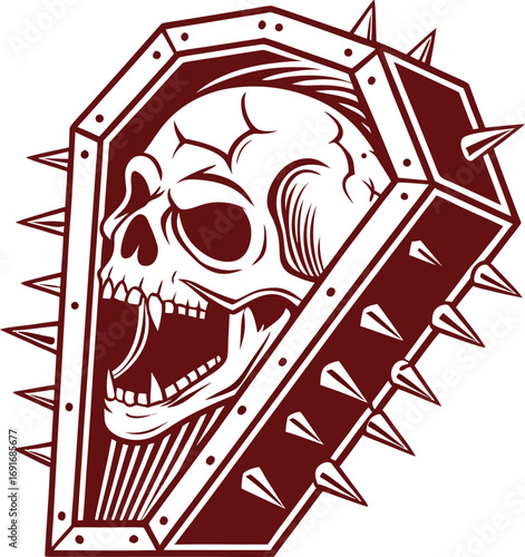 A stylized vector illustration of a skull inside a spiked coffin, representing a macabre and eerie aesthetic.