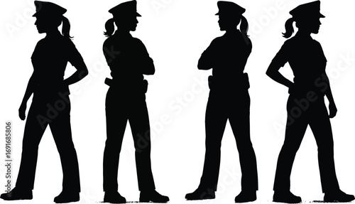 Silhouette of four female police officers standing confidently in uniforms representing law enforcement and authority silhouette