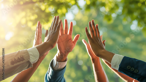 Diverse hands raised together in a high five celebrating teamwork and success outdoors
