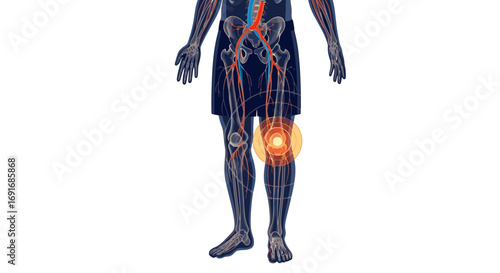 Detailed Medical Illustration of Human Lower Body Circulatory and Skeletal Systems Highlighting Knee Pain