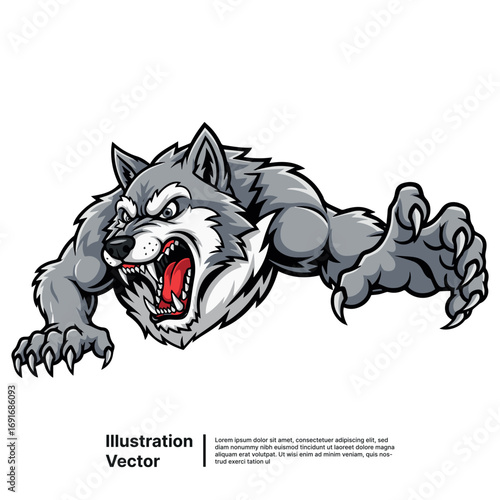 Dynamic illustration of an enraged grey wolf mascot with sharp claws and bared fangs, ready to strike