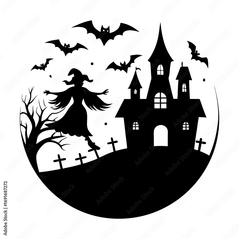 Fototapeta premium Silhouette of a witch flying over a graveyard with bats and a haunted house in a circular composition