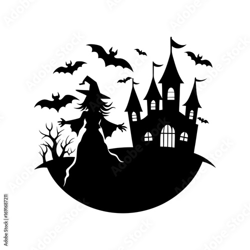 Silhouette of a witch standing before a haunted castle with bats flying around on a halloween night scene